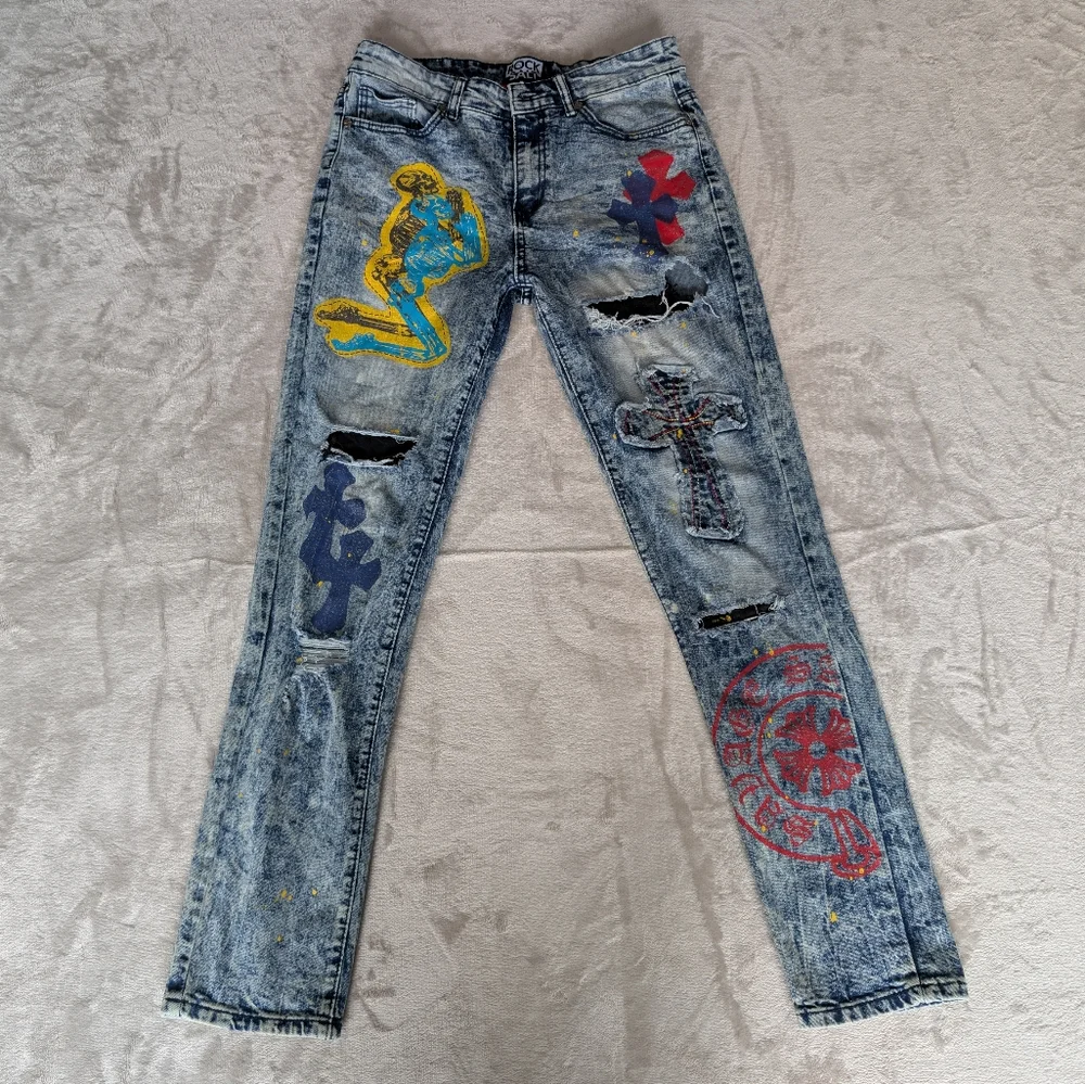 Womens Distressed Moto Skinny Jeans Streetwear Grunge Graffiti Acid Wash Sz 30 - Picture 1 of 13